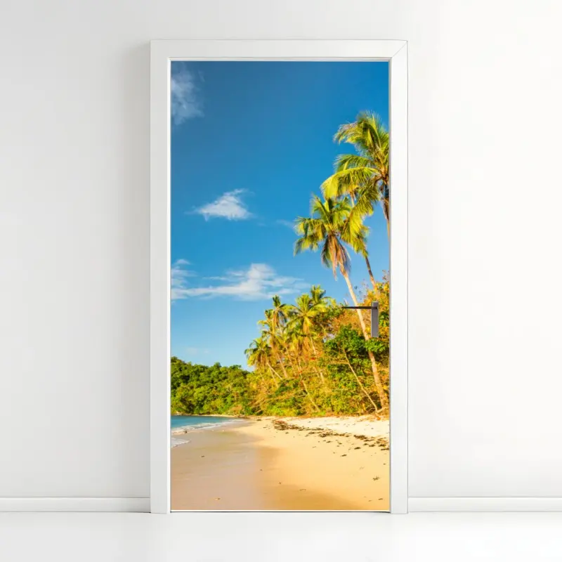 Door sticker golden tropical beach at sunset