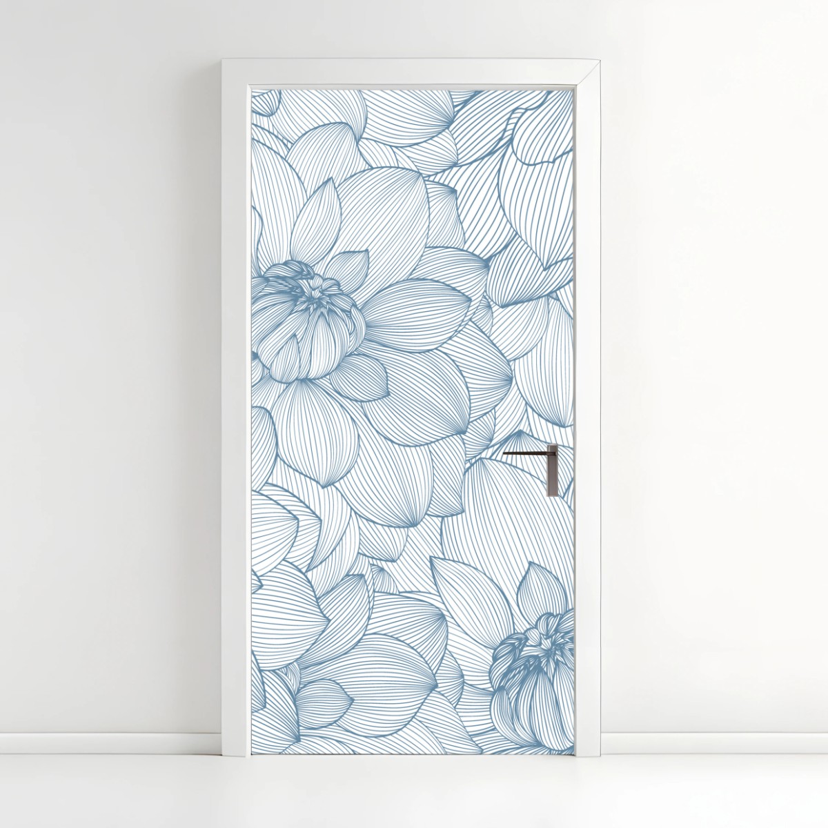 Door sticker delicate blue floral linework • Wallissimo® Door sticker delicate blue floral linework • Wallissimo®
