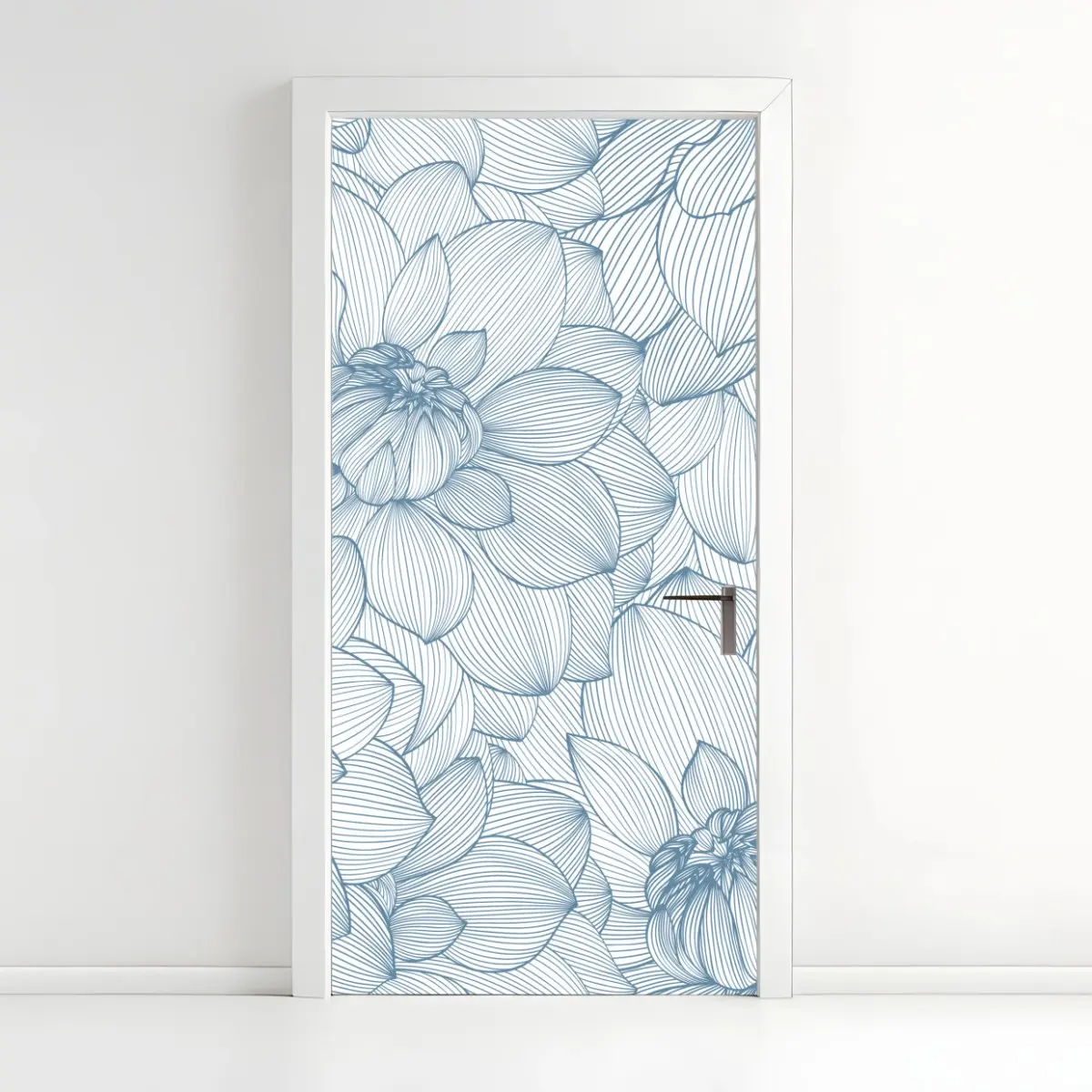 Door sticker delicate blue floral linework • Wallissimo® Door sticker delicate blue floral linework • Wallissimo®