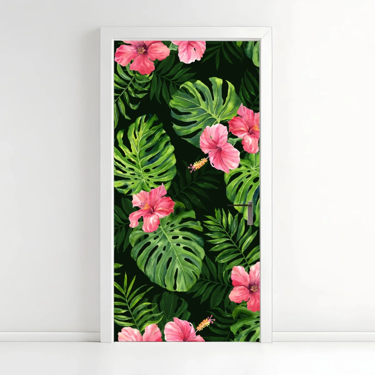 Door sticker tropical monstera and hibiscus botanical pattern ⁕ Wallissimo® Door sticker tropical monstera and hibiscus botanical pattern ⁕ Wallissimo®