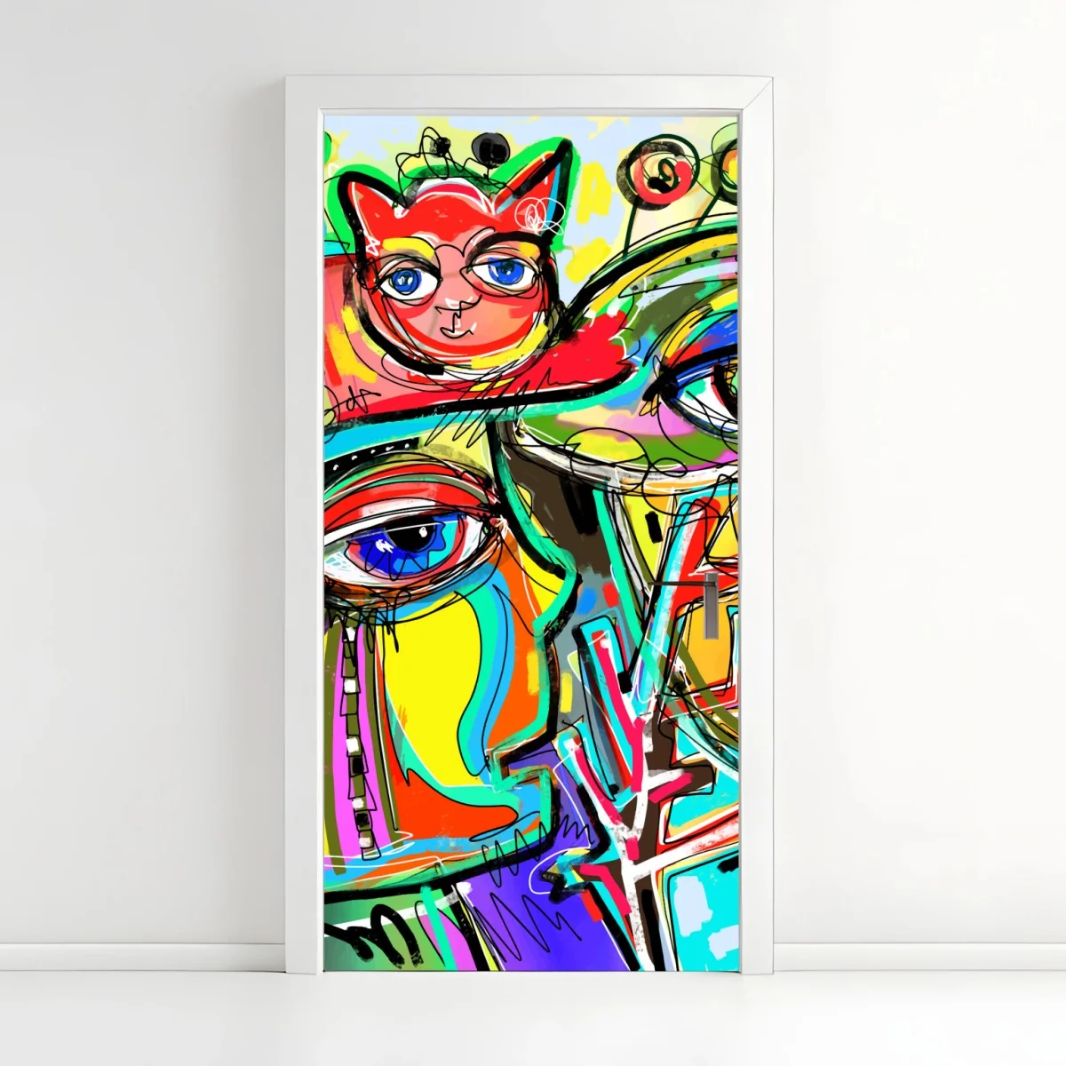 Door sticker vibrant abstract faces with cat and bird ⁕ Wallissimo® Door sticker vibrant abstract faces with cat and bird ⁕ Wallissimo®