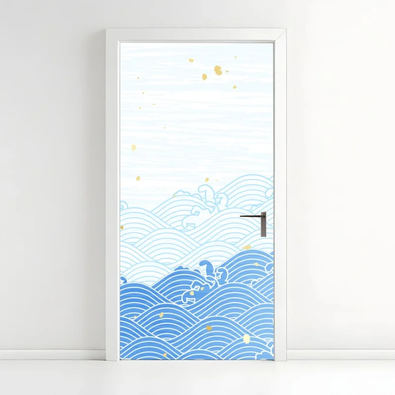 Door sticker calm blue waves with gold accents