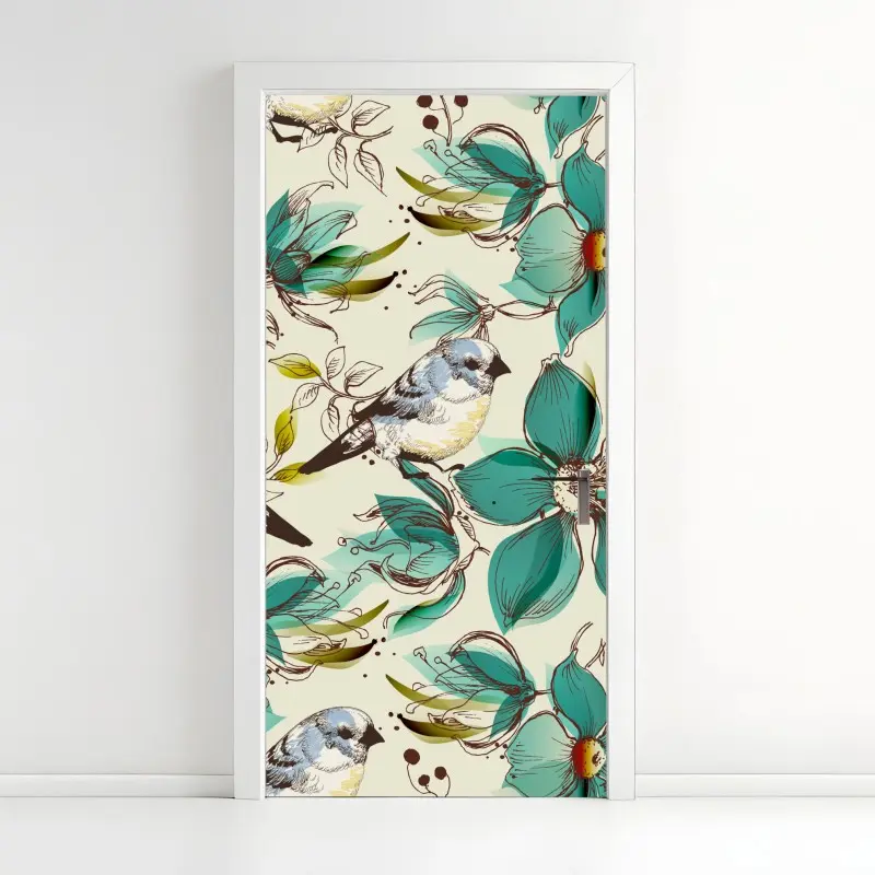Door sticker retro teal floral and bird pattern
