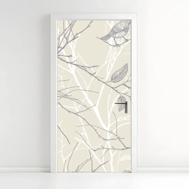 Door sticker soft beige bird and branch pattern