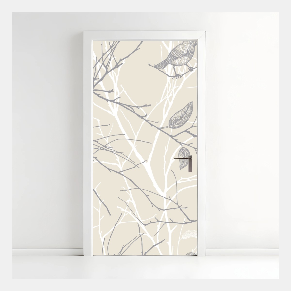 Door sticker soft beige bird and branch pattern • Wallissimo® Door sticker soft beige bird and branch pattern • Wallissimo®