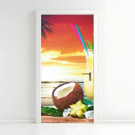 Door sticker tropical pineapple and coconut sunset • Wallissimo®