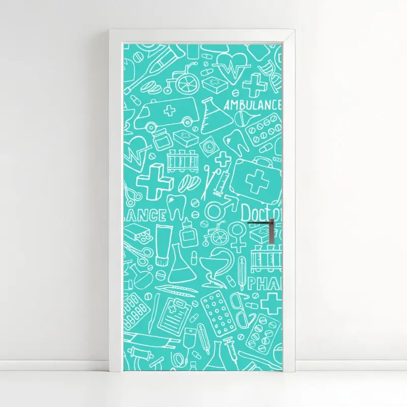 Door sticker turquoise medical icons seamless pattern