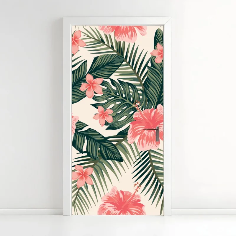 Door sticker tropical hibiscus floral pattern