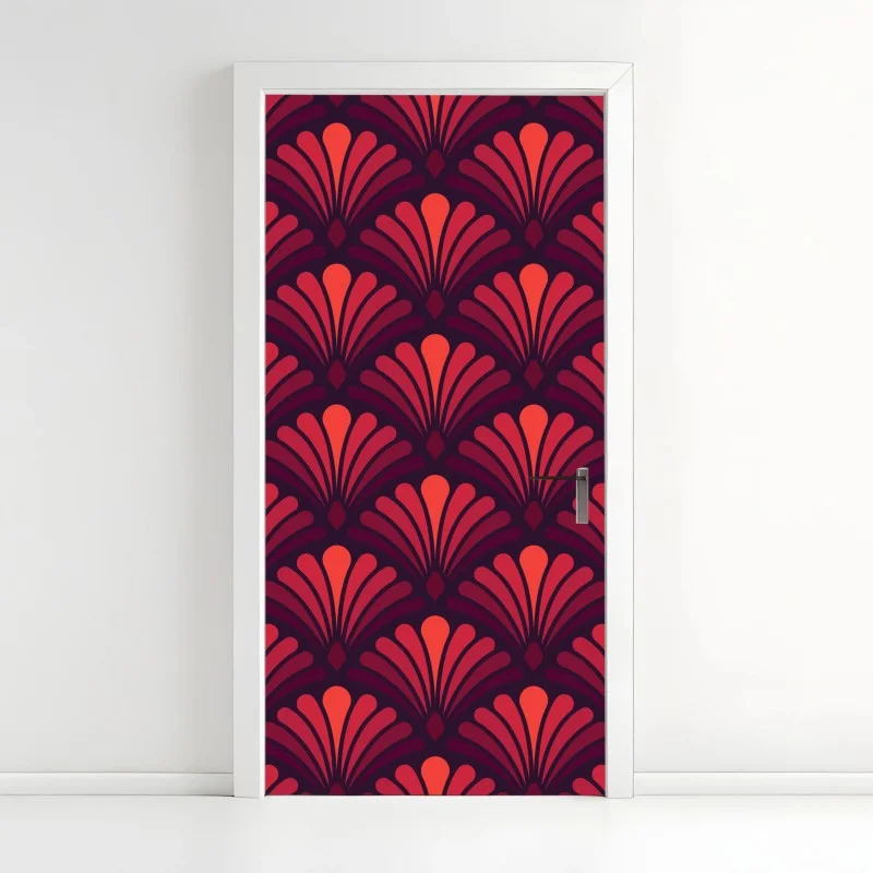 Door sticker art deco fan pattern in coral and burgundy