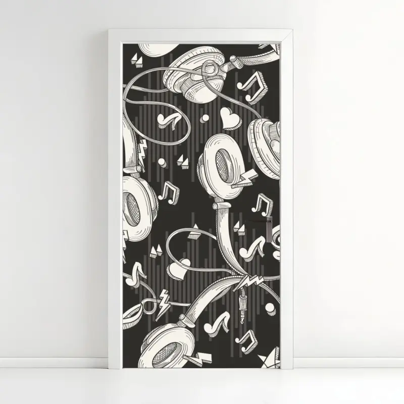 Door sticker monochrome headphones and music notes pattern