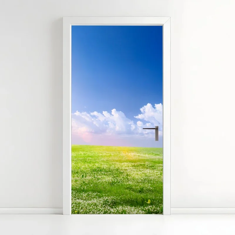 Door sticker sunny spring meadow with blue sky