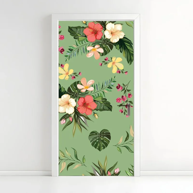 Door sticker green tropical hibiscus pattern