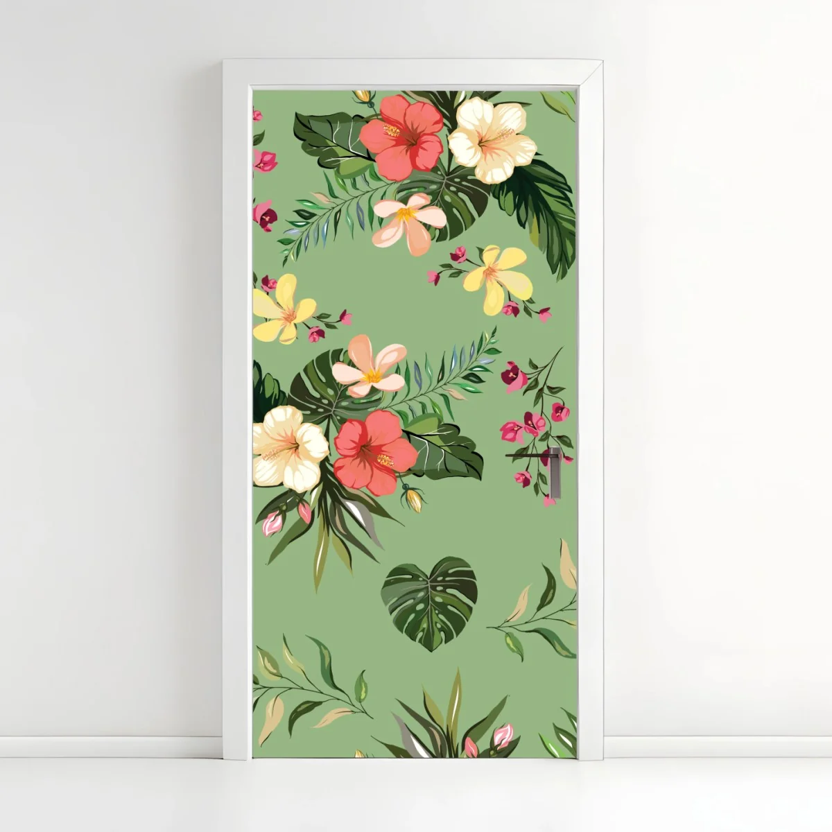 Door sticker green tropical hibiscus pattern ⁕ Wallissimo® Door sticker green tropical hibiscus pattern ⁕ Wallissimo®