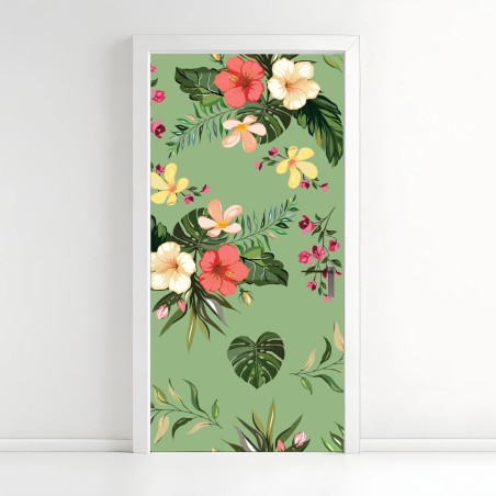Door sticker green tropical hibiscus pattern • Wallissimo®