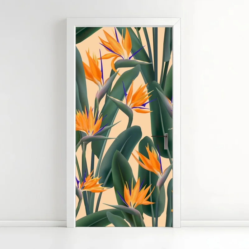 Door sticker tropical bird of paradise floral pattern