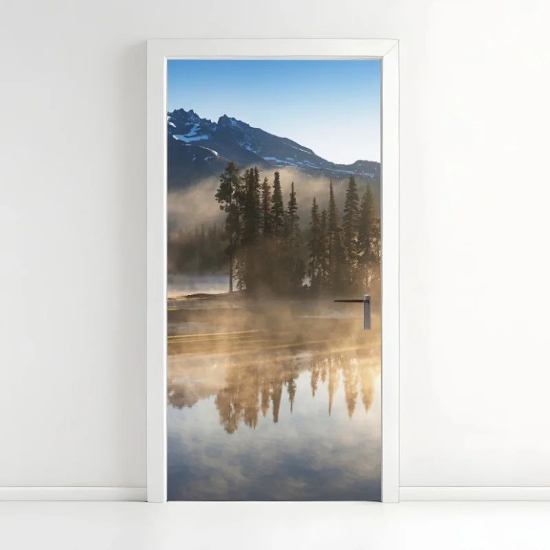 Door sticker misty mountain reflection at sunrise