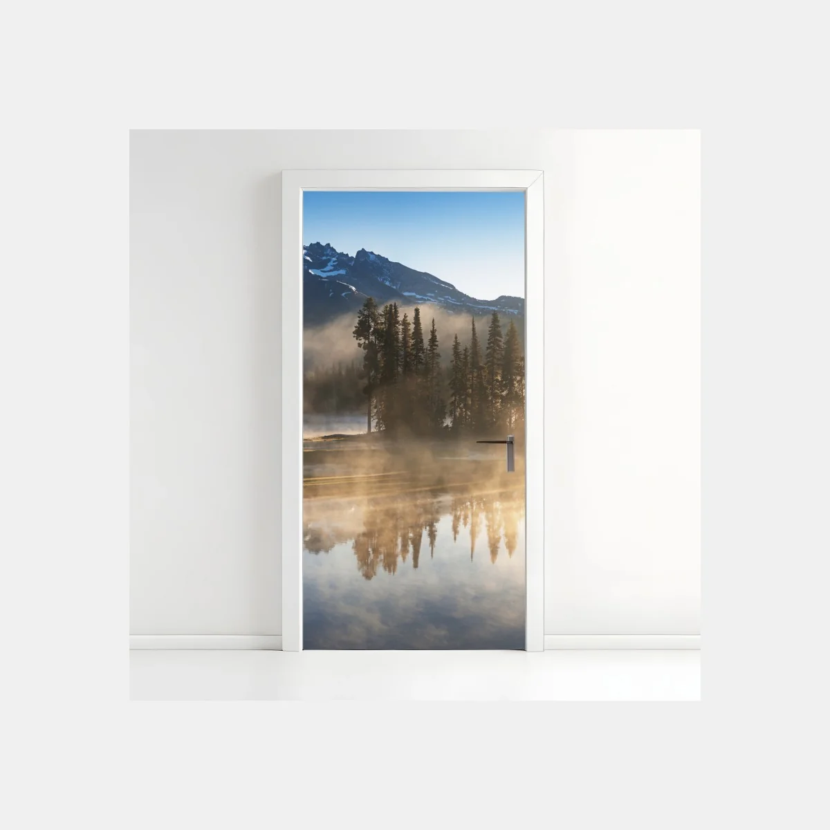Door sticker misty mountain reflection at sunrise ⁕ Wallissimo® Door sticker misty mountain reflection at sunrise ⁕ Wallissimo®