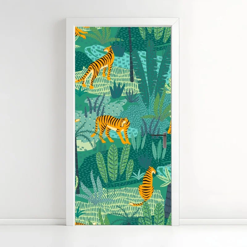 Door sticker tropical jungle with tigers pattern