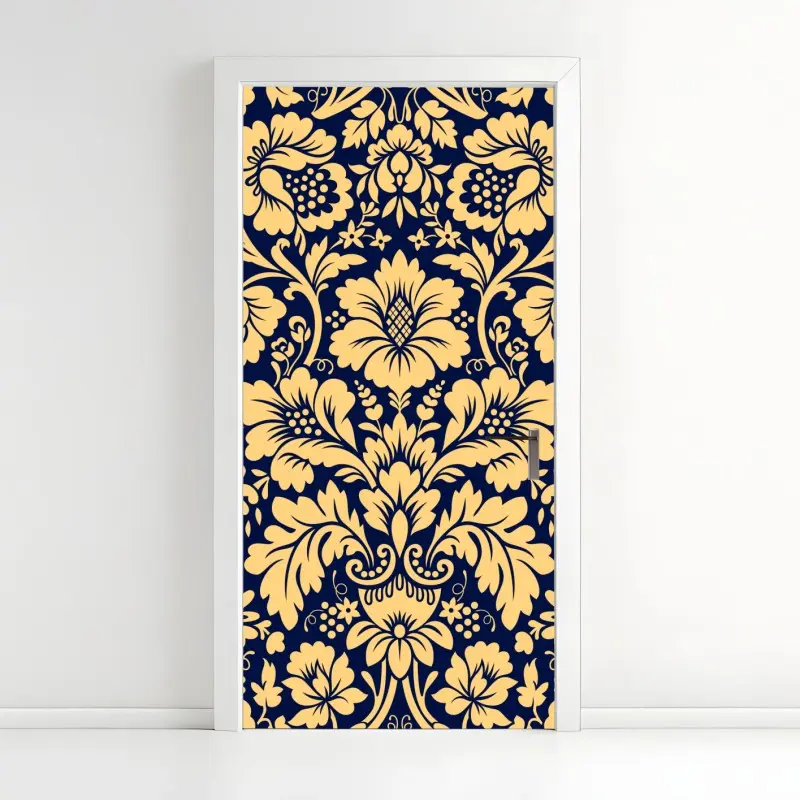 Door sticker navy and beige damask floral pattern