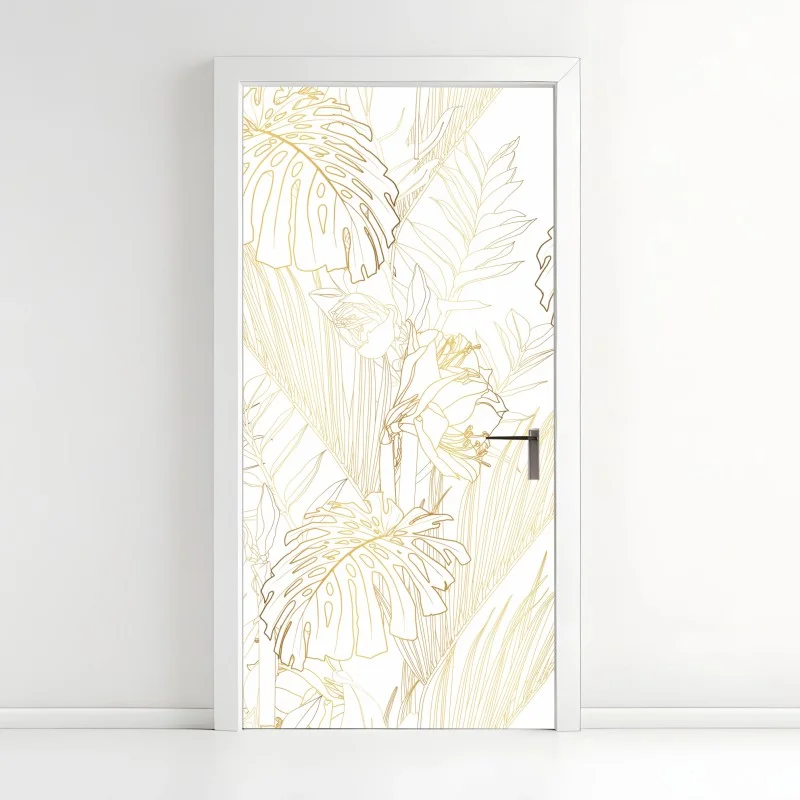 Door sticker golden leaf pattern on white background • Wallissimo®