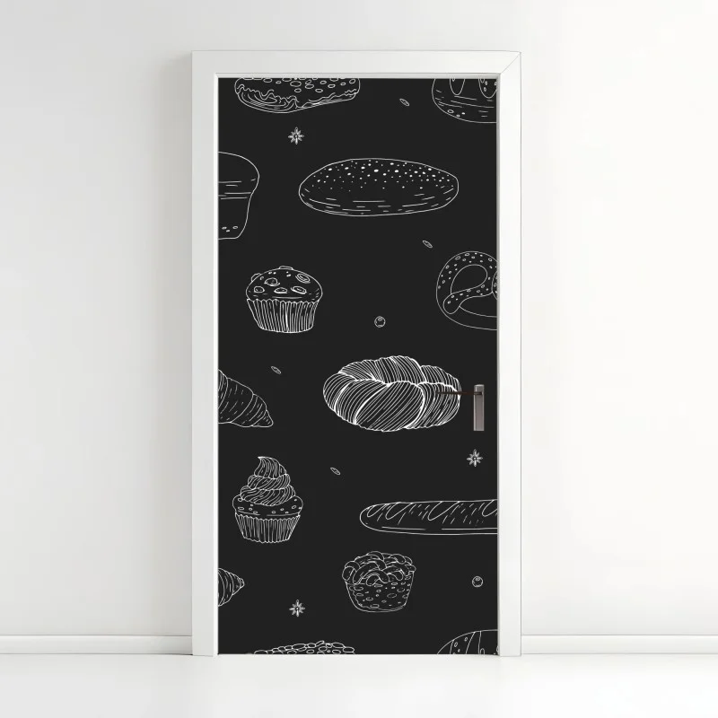 Door sticker hand-drawn bakery pattern on dark background
