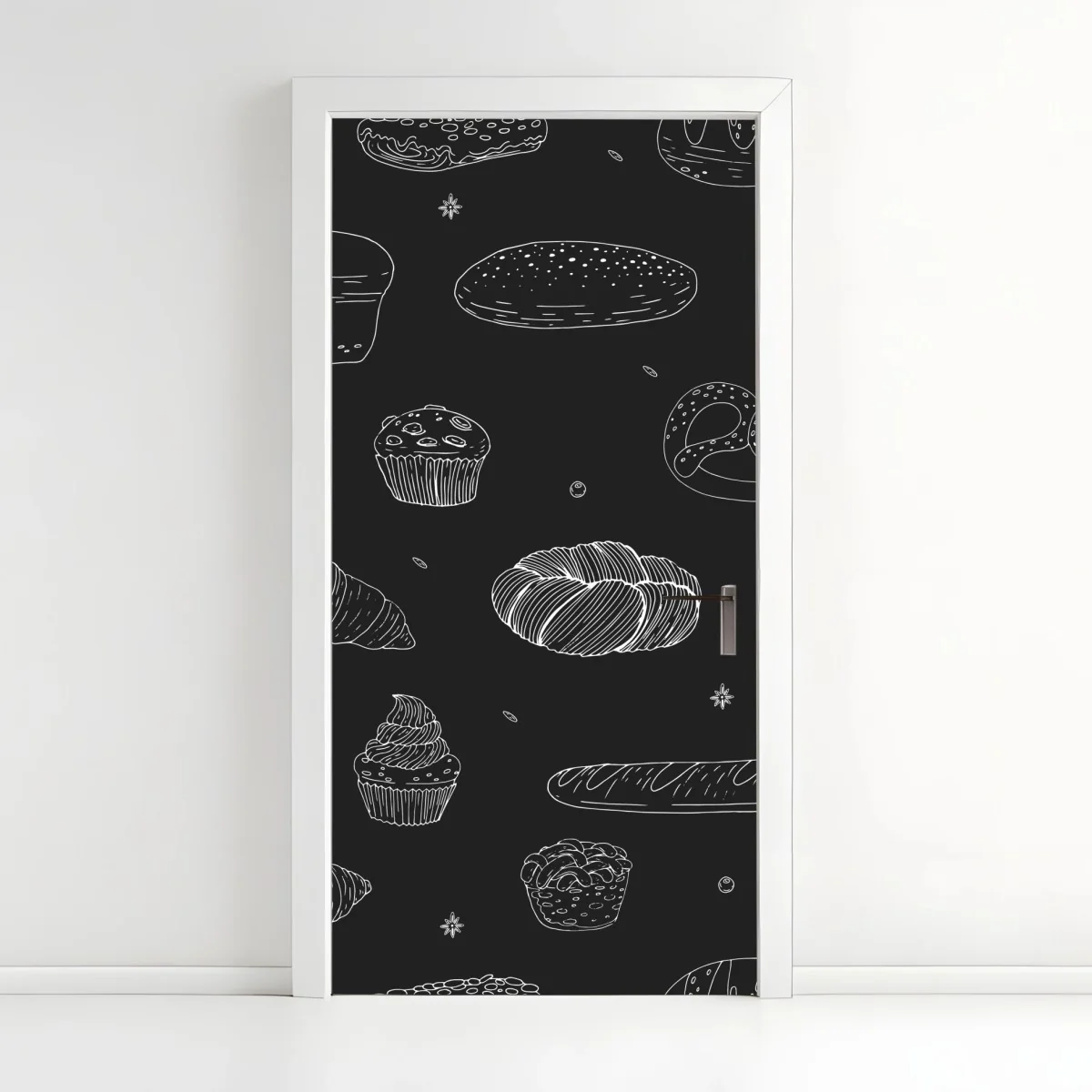 Door sticker hand-drawn bakery pattern on dark background ⁕ Wallissimo® Door sticker hand-drawn bakery pattern on dark background ⁕ Wallissimo®
