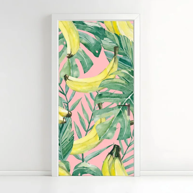 Door sticker watercolor banana leaves pattern on pink