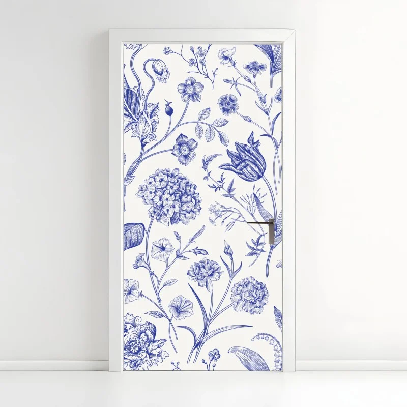 Door sticker classic blue toile floral pattern