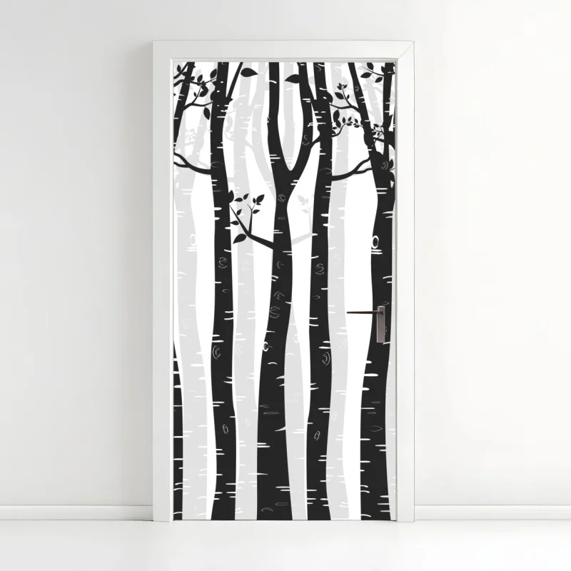 Door sticker monochrome birch forest illustration