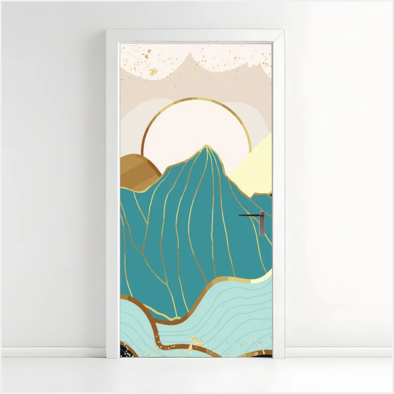Door sticker turquoise mountain sunrise with gold accents