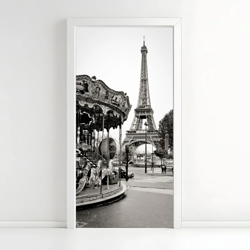 Door sticker Eiffel Tower and carousel in Paris