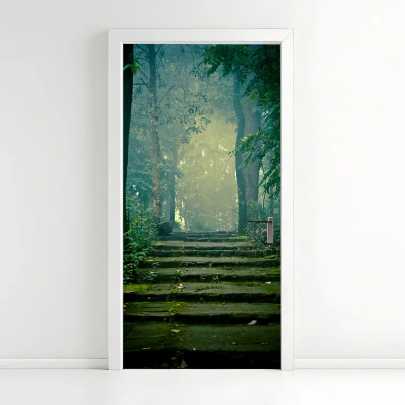 Door sticker moss-covered stone path into a misty forest