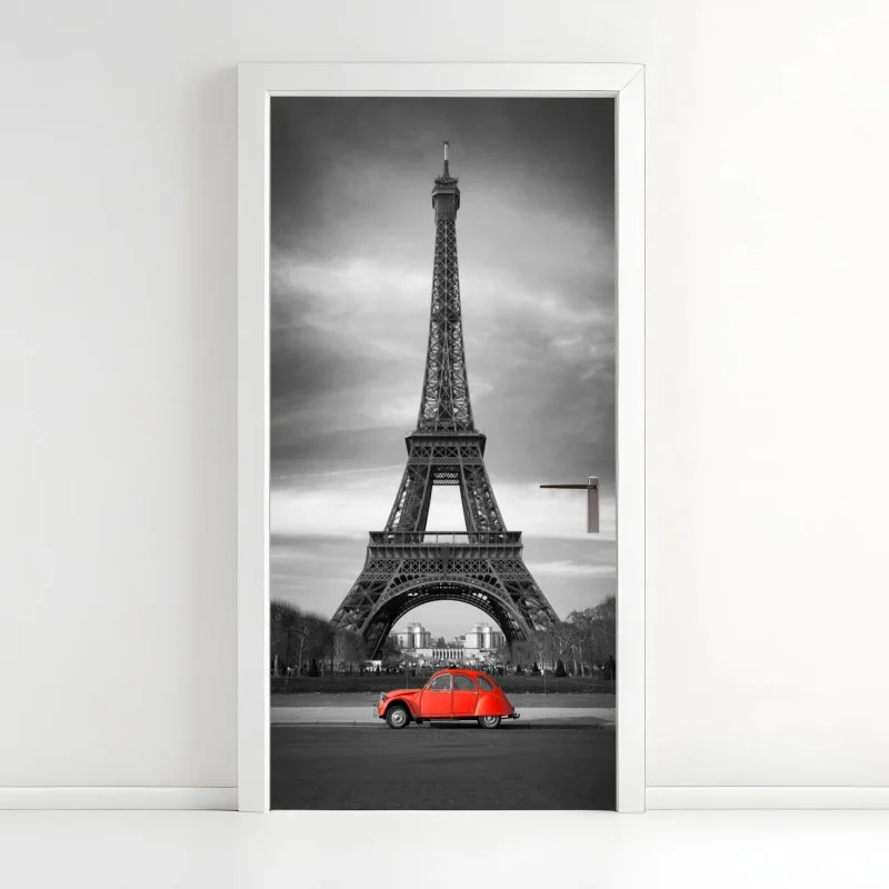 Door sticker Eiffel Tower with red vintage car