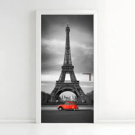 Door sticker Eiffel Tower with red vintage car • Wallissimo®