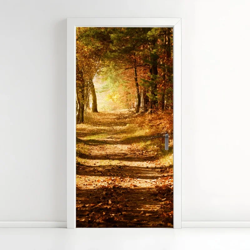 Door sticker autumn forest path with golden sunlight