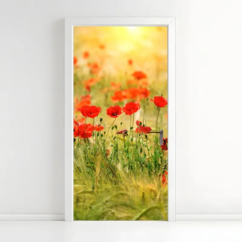 Door sticker red poppy meadow in sunlight