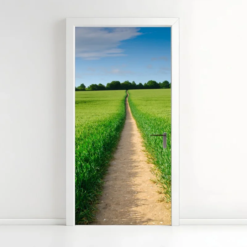 Door sticker sunlit path through green meadow