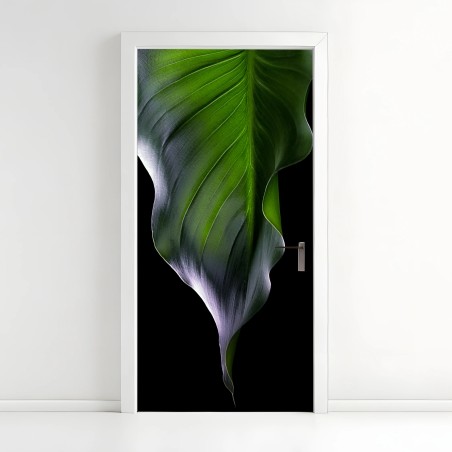 Door sticker elegant green leaf on black • Wallissimo®