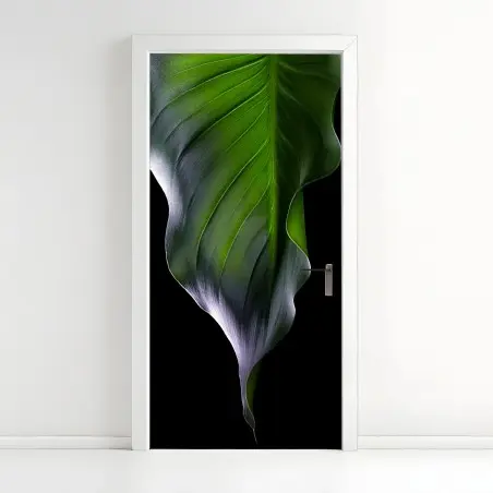 Door sticker elegant green leaf on black • Wallissimo®