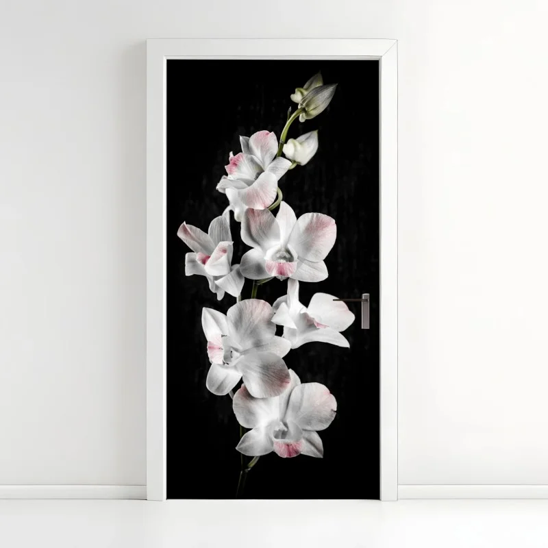 Door sticker white and pink orchid on black background