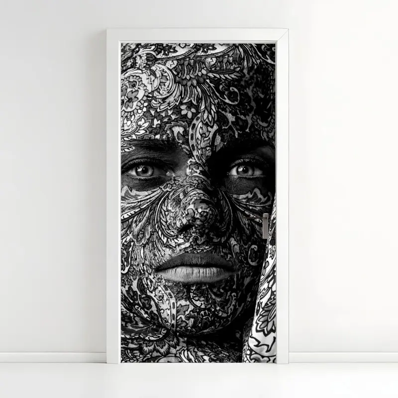 Door sticker ornamental portrait with floral patterns
