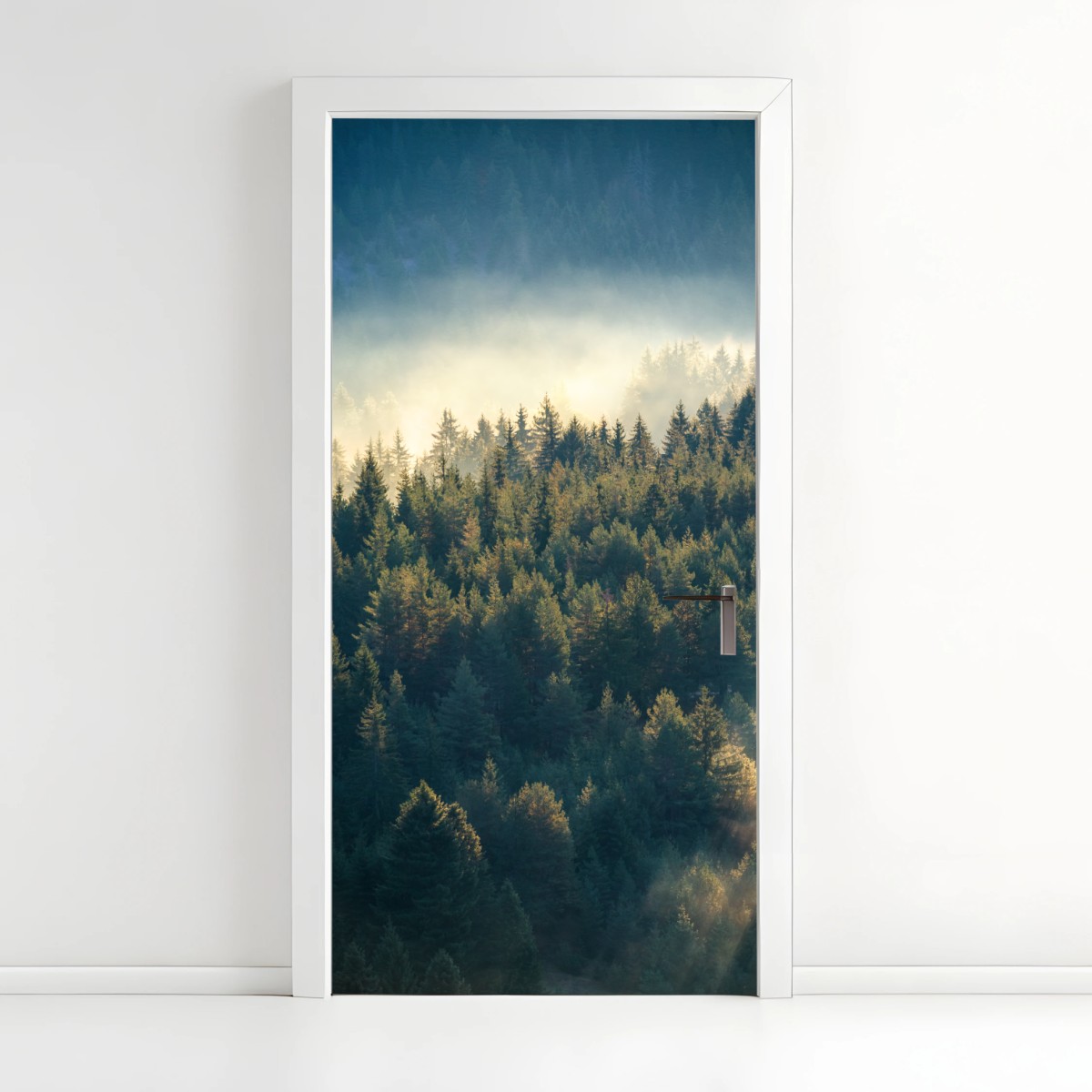 Door sticker misty pine forest at dawn • Wallissimo® Door sticker misty pine forest at dawn • Wallissimo®