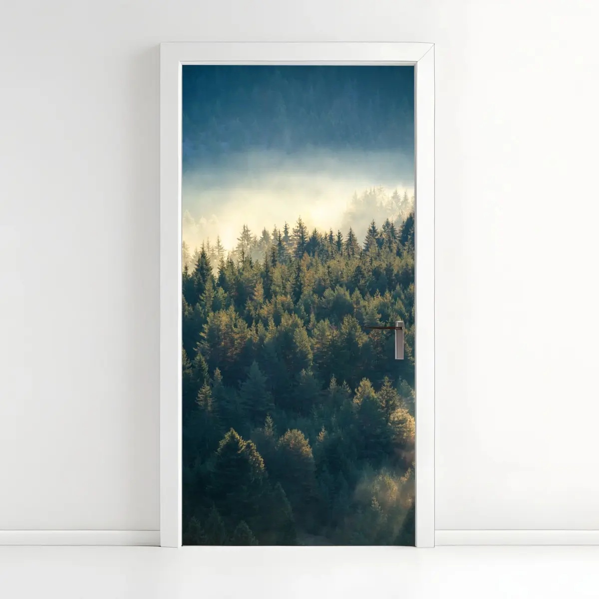 Door sticker misty pine forest at dawn • Wallissimo® Door sticker misty pine forest at dawn • Wallissimo®