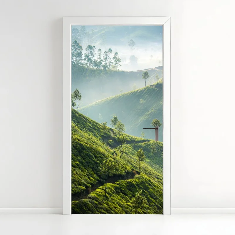 Door sticker misty tea terraces of Munnar