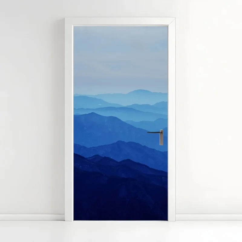 Door sticker misty blue mountain layers