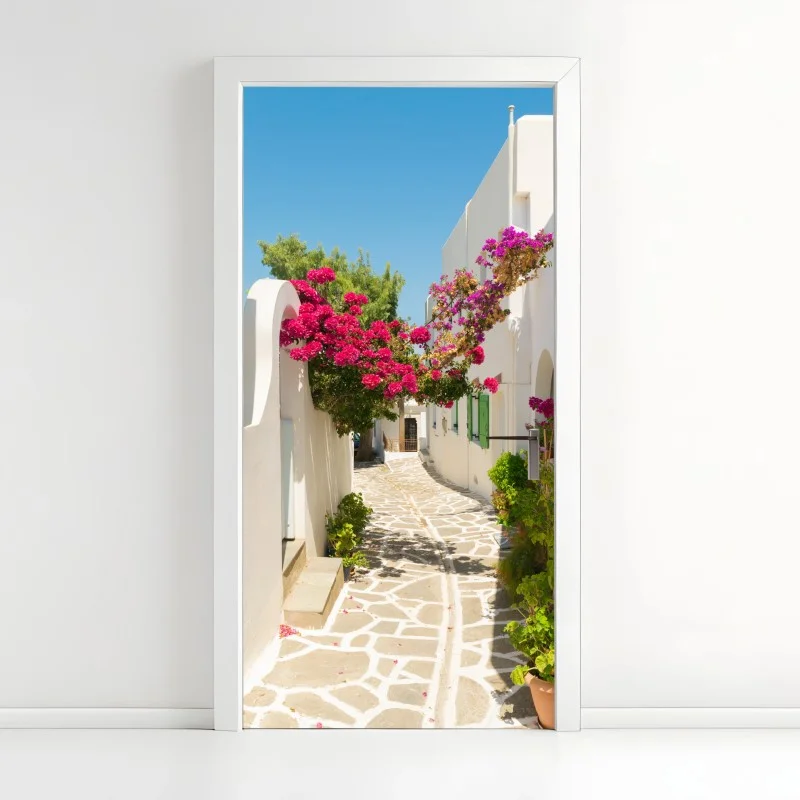 Door sticker sunlit Mediterranean alley with bougainvillea