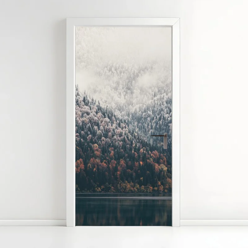 Door sticker autumn mist over mountain forest