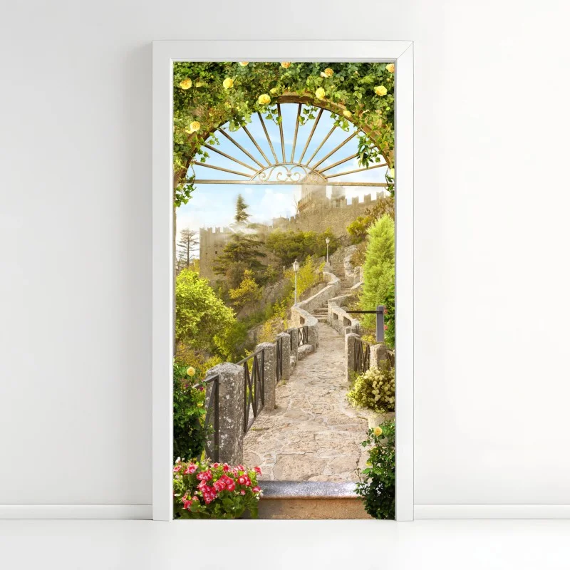 Door sticker sunlit garden path to castle