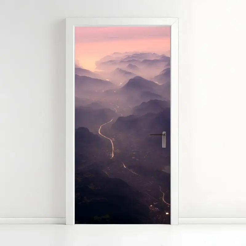 Door sticker misty pastel mountain valley