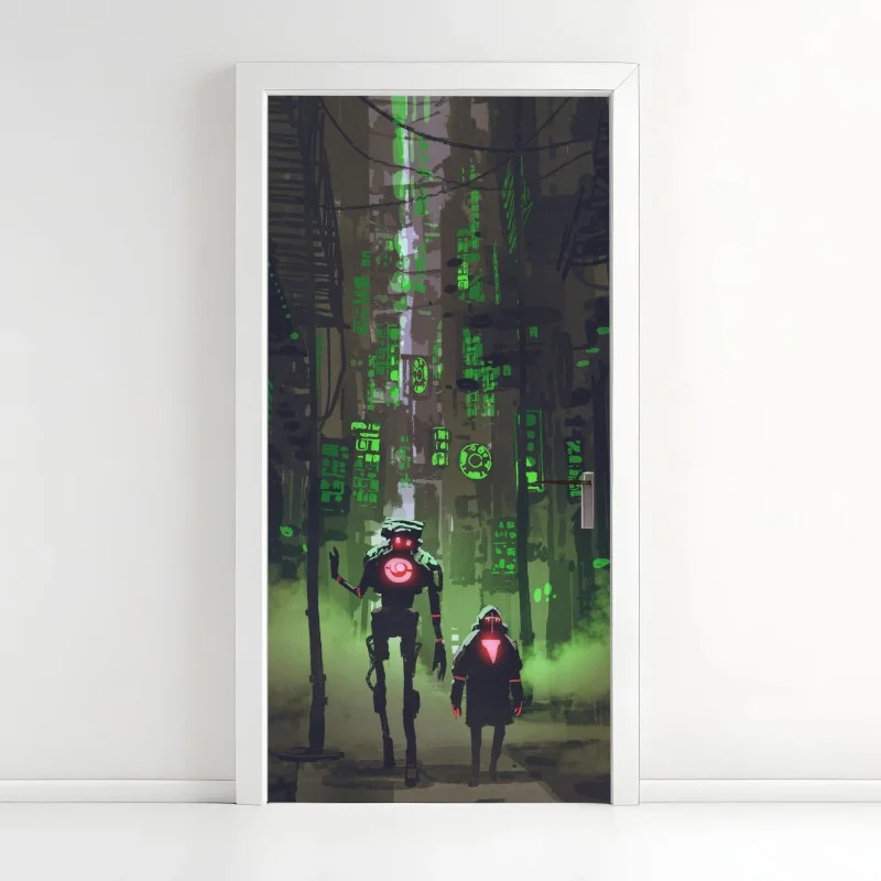 Door sticker robots in neon alley